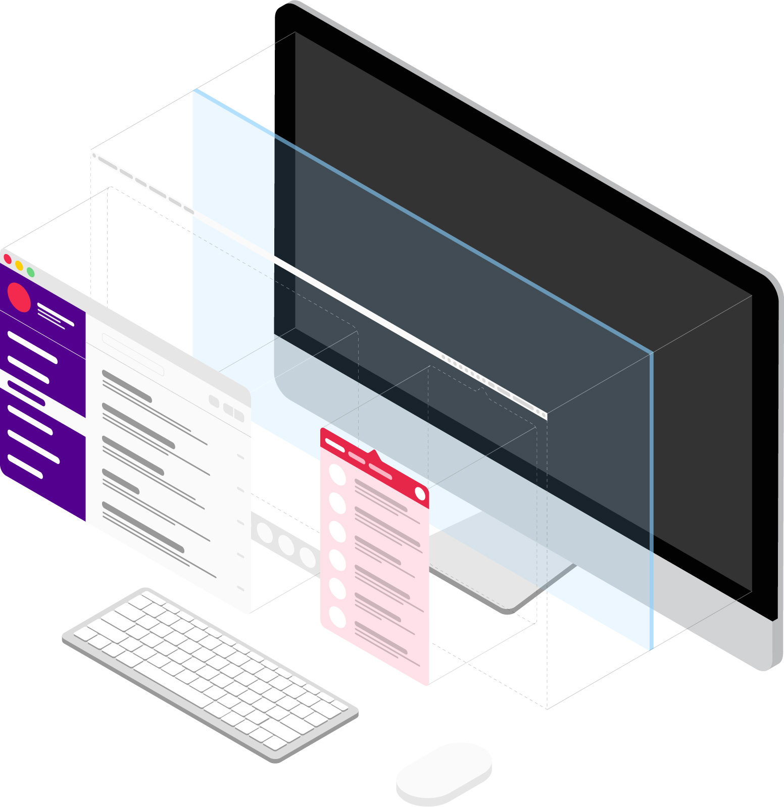 Darstellung eines Desktop-Computers mit Interface-Elementen