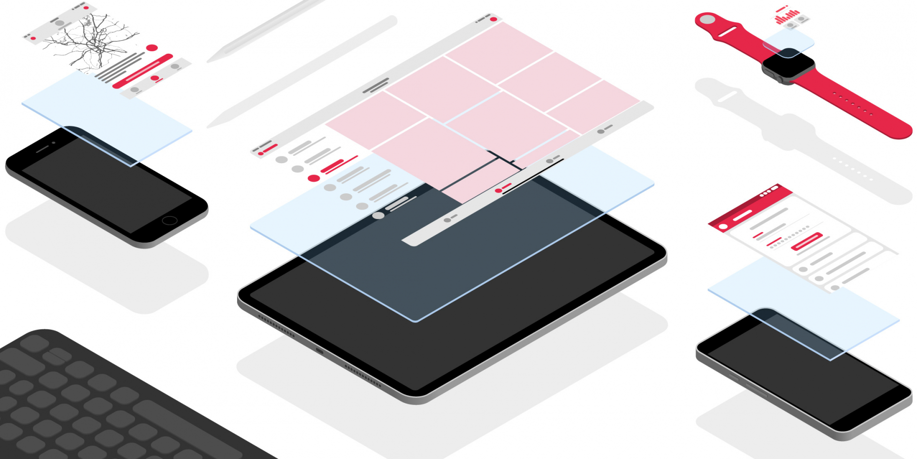 Verschiedene Mobile Geräte wie smart Phone, Tablet und smart Watch.